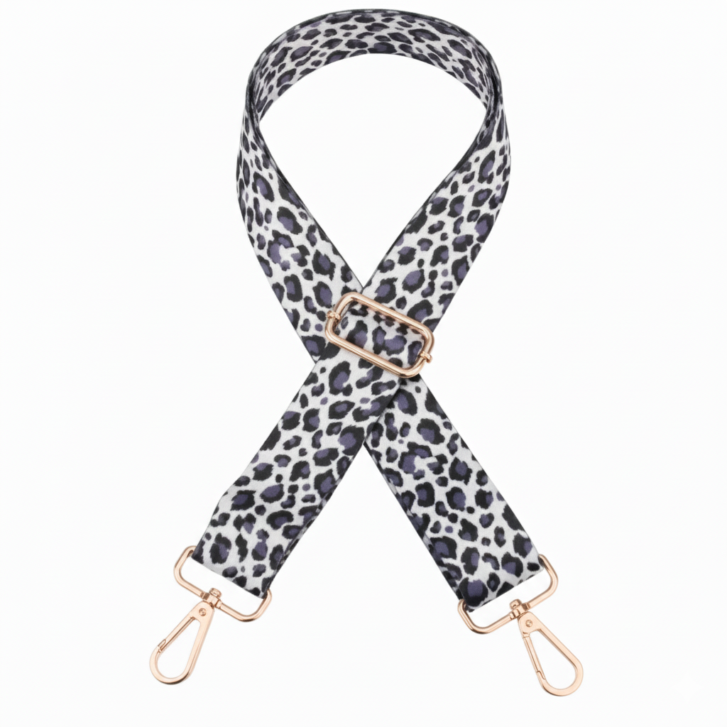 Adjustable Leopard print bag strap- Blue-White&Black-Gold Hardware - Sara Crochet
