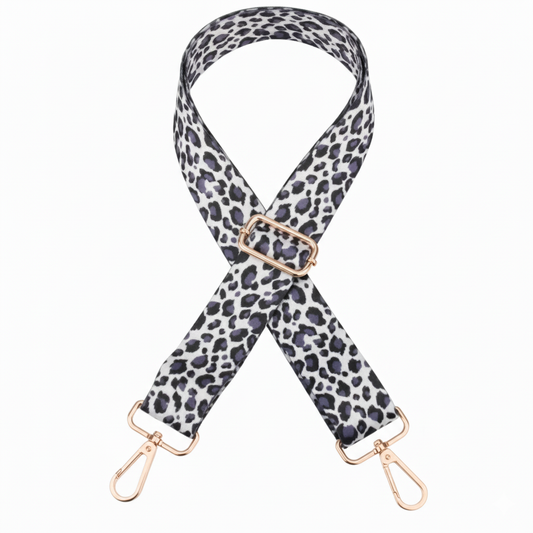 Adjustable Leopard print bag strap- Blue-White&Black-Gold Hardware - Sara Crochet