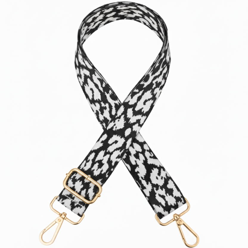 Adjustable Leopard print bag strap- White&Black-Gold Hardware - Sara Crochet