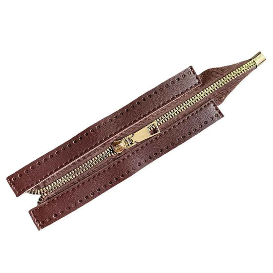 Leather Zipper For Woven Bag- Brown - 18 cm - Sara Crochet
