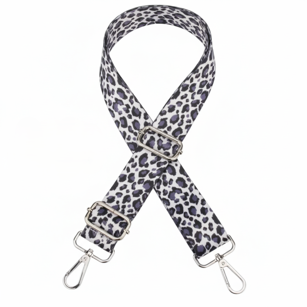 Adjustable Leopard print bag strap- Blue-White&Black-Silver Hardware - Sara Crochet