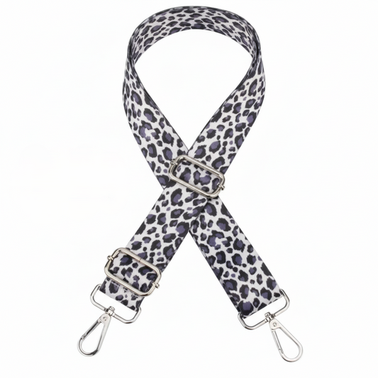 Adjustable Leopard print bag strap- Blue-White&Black-Silver Hardware - Sara Crochet